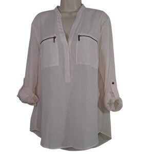 Michael Kors Pink Blouse Zippered Pockets Roll Tab Long Sleeves Women Size L